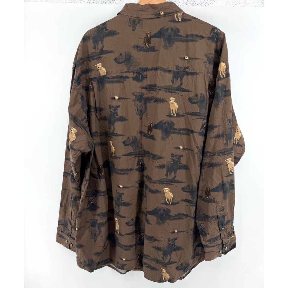 Vintage Columbia River Lodge Mens 2XT Brown Hunting Dog Lab Print Button Up 1015